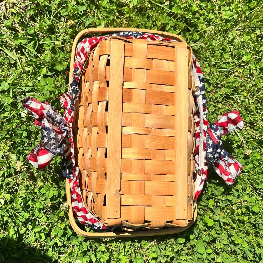Vintage Double Articulated Handled Basket With Flag Patriotic Liner 12